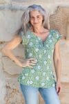 Womens, Sundra blouse, cap sleeves, 100% cotton, hand block print. In vibrant Evergreen