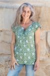 Womens, Sundra blouse, cap sleeves, 100% cotton, hand block print. In vibrant Evergreen