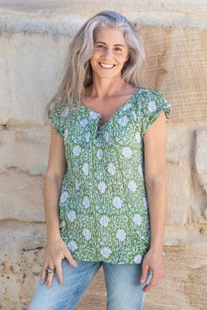 Womens, Sundra blouse, cap sleeves, 100% cotton, hand block print. In vibrant Evergreen
