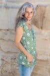 Womens, Sundra blouse, cap sleeves, 100% cotton, hand block print. In vibrant Evergreen