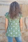 Womens, Sundra blouse, cap sleeves, 100% cotton, hand block print. In vibrant Evergreen