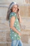 Womens, Sundra blouse, cap sleeves, 100% cotton, hand block print. In vibrant Evergreen