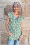 Womens, Sundra blouse, cap sleeves, 100% cotton, hand block print. In vibrant Evergreen