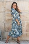 Womens, midi, Flamenco Dress, 100% Cotton, hand block print. Blue Green - Alora