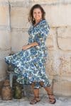 Womens, midi, Flamenco Dress, 100% Cotton, hand block print. Blue Green - Alora