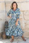 Womens, midi, Flamenco Dress, 100% Cotton, hand block print. Blue Green - Alora
