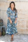 Womens, midi, Flamenco Dress, 100% Cotton, hand block print. Blue Green - Alora