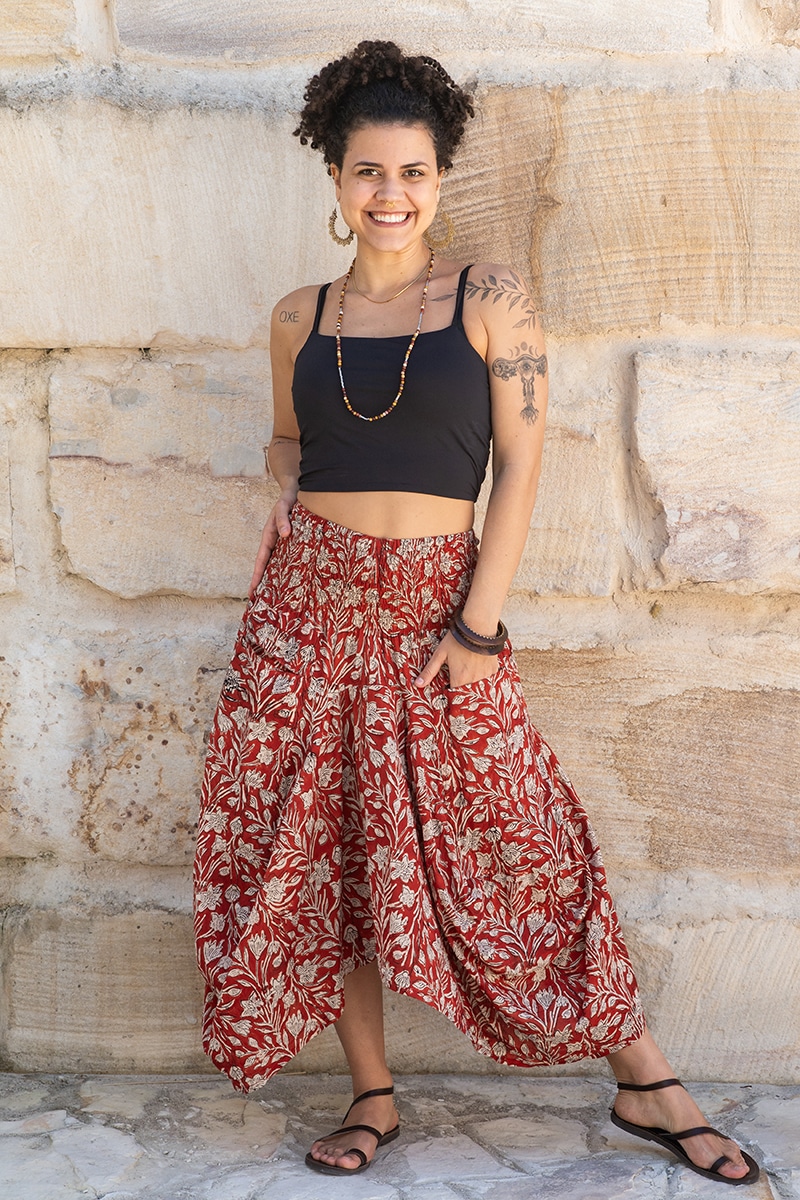 Womens, Coco Skirt, 100% cotton, hand block print. In rustic red - Rubira
