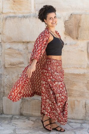 Womens, Shimla Coat, & Coco Skirt, 100% cotton, hand block print. In rustic red - Kalika and Rubira