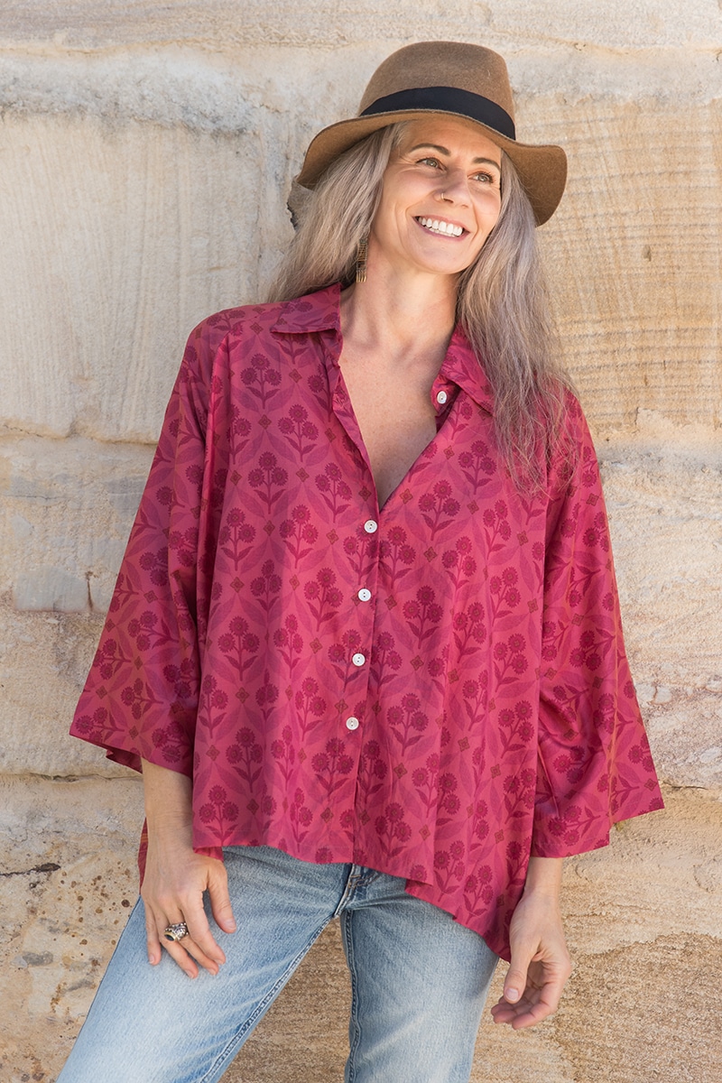 Womens, Vintage Sari Amira blouse - silk - vibrant pink - Saffi