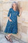 Womens, midi, Flamenco Dress, 100% Cotton, hand block print. Blue Green - Wren