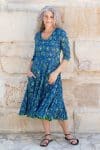 Womens, midi, Flamenco Dress, 100% Cotton, hand block print. Blue Green - Wren