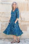 Womens, midi, Flamenco Dress, 100% Cotton, hand block print. Blue Green - Wren