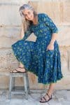 Womens, midi, Flamenco Dress, 100% Cotton, hand block print. Blue Green - Wren