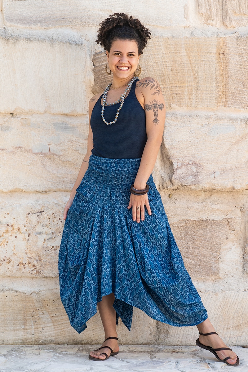 Womens, Coco Skirt, 100% cotton, hand block print. In natural Indigo Tala