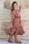 Womens, midi, Flamenco Dress, 100% Cotton, hand block print. Natural Rustic Red Rubira
