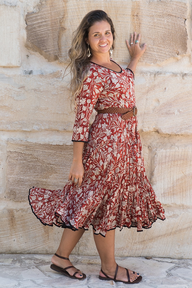 Womens, midi, Flamenco Dress, 100% Cotton, hand block print. Natural Rustic Red Rubira