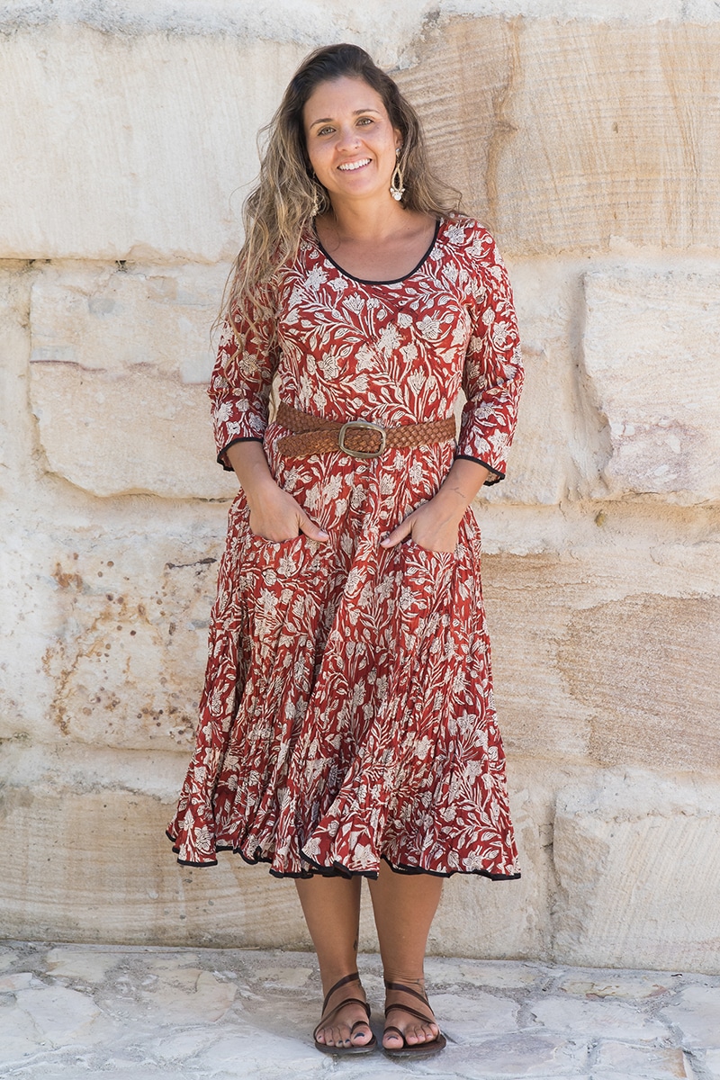 Womens, midi, Flamenco Dress, 100% Cotton, hand block print. Natural Rustic Red Rubira