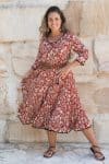 Womens, midi, Flamenco Dress, 100% Cotton, hand block print. Natural Rustic Red Rubira
