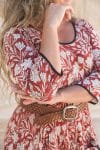 Womens, midi, Flamenco Dress, 100% Cotton, hand block print. Natural Rustic Red Rubira