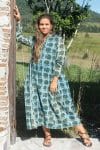 Womens Erika dress, 100% cotton, hand block print. In natural Naspal Figaris print.