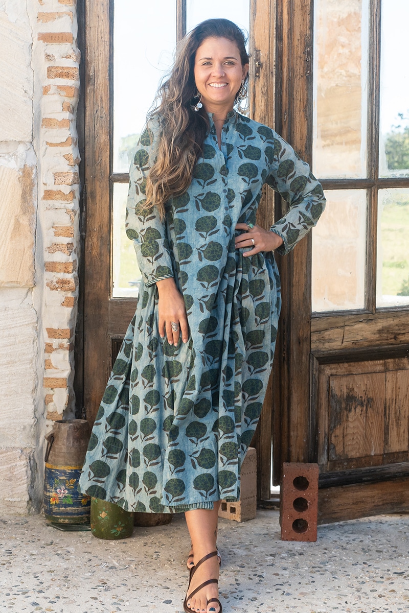Womens Erika dress, 100% cotton, hand block print. In natural Naspal Figaris print.