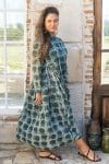 Womens Erika dress, 100% cotton, hand block print. In natural Naspal Figaris print.