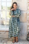 Womens Erika dress, 100% cotton, hand block print. In natural Naspal Figaris print.