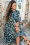 Womens Erika dress, 100% cotton, hand block print. In natural Naspal Figaris print.
