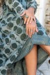 Womens Erika dress, 100% cotton, hand block print. In natural Naspal Figaris print.