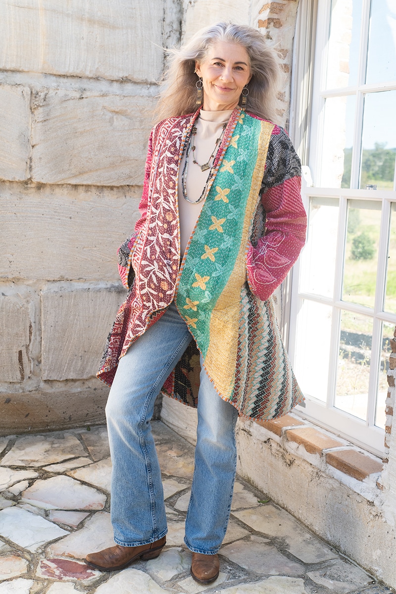 Womens, Tundra Kantha Duster, reversible, handmade from 100% cotton recycled Vintage fabrics, in Kala