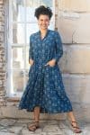Womens Erika dress, 100% cotton, hand block print. In natural Indigo Lila print.