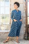Womens Erika dress, 100% cotton, hand block print. In natural Indigo Lila print.