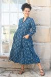 Womens Erika dress, 100% cotton, hand block print. In natural Indigo Lila print.