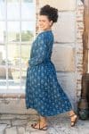 Womens Erika dress, 100% cotton, hand block print. In natural Indigo Lila print.