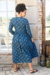 Womens Erika dress, 100% cotton, hand block print. In natural Indigo Lila print.