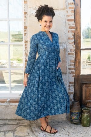 Womens Erika dress, 100% cotton, hand block print. In natural Indigo Lila print.
