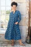 Womens Erika dress, 100% cotton, hand block print. In natural Indigo Lila print.
