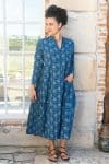 Womens Erika dress, 100% cotton, hand block print. In natural Indigo Lila print.