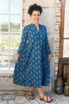 Womens Erika dress, 100% cotton, hand block print. In natural Indigo Lila print.