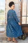 Womens Erika dress, 100% cotton, hand block print. In natural Indigo Lila print.
