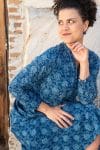 Womens Erika dress, 100% cotton, hand block print. In natural Indigo Lila print.