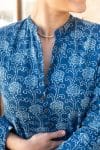 Womens Erika dress, 100% cotton, hand block print. In natural Indigo Lila print.