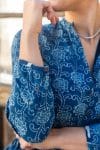 Womens Erika dress, 100% cotton, hand block print. In natural Indigo Lila print.