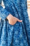 Womens Erika dress, 100% cotton, hand block print. In natural Indigo Lila print.