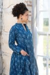 Womens Erika dress, 100% cotton, hand block print. In natural Indigo Lila print.