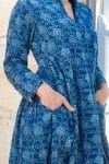 Womens Erika dress, 100% cotton, hand block print. In natural Indigo Lila print.