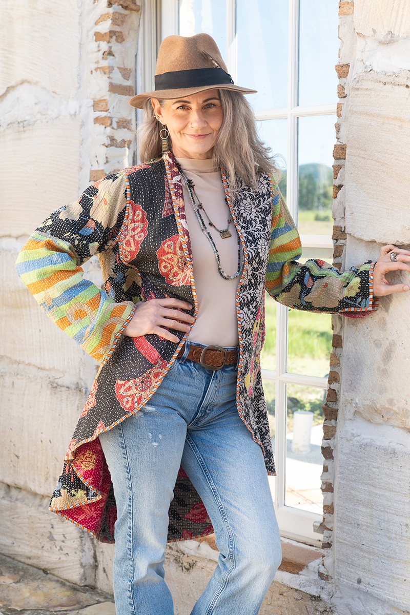 Womens, Tundra Kantha Duster, reversible, handmade from 100% cotton recycled Vintage fabrics, in Lior