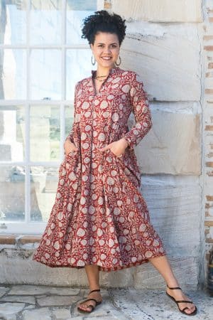 Womens Erika dress, 100% cotton, hand block print. In natural Begru Jivana print.