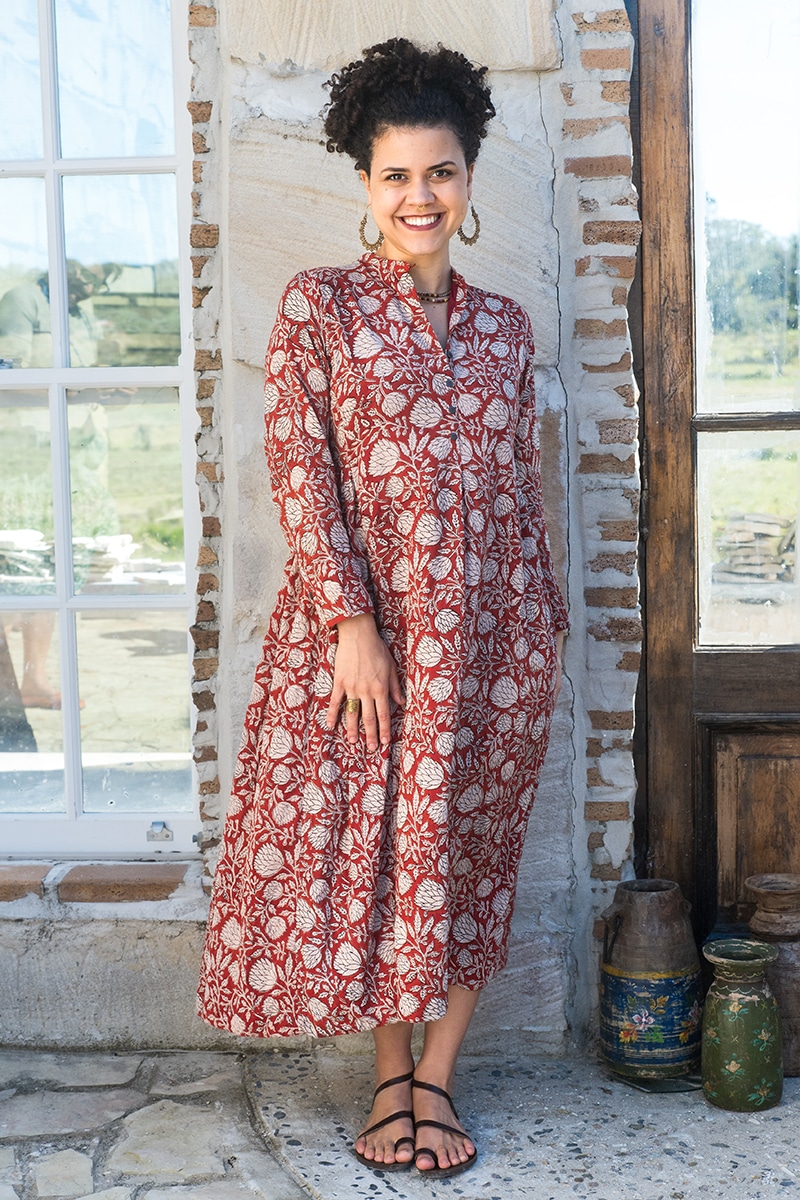 Womens Erika dress, 100% cotton, hand block print. In natural Begru Jivana print.